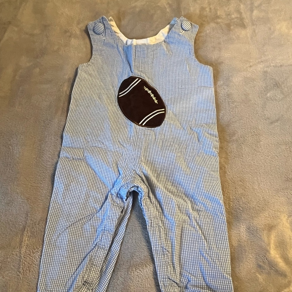 Little boys size 18-24 mos Bulldogs & Bows boutique romper football blue/white